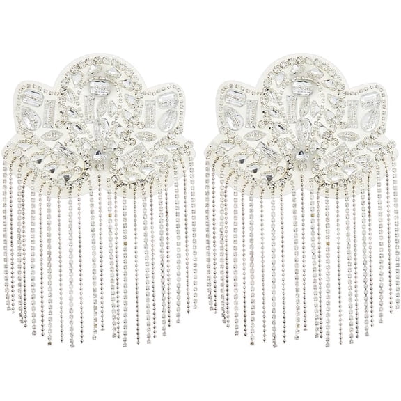 1Set 2Pcs Flower Rhinestone Tassel with Felt Epaulettes Shoulder Badges Platinum White 174x125x13.5mm