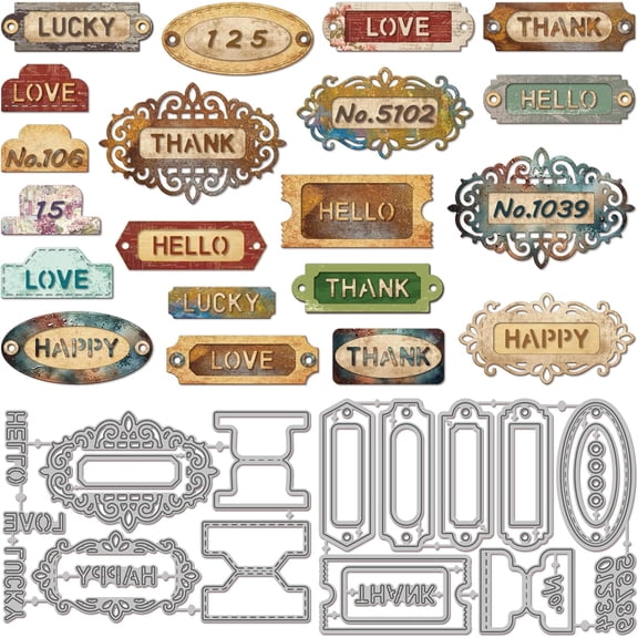 1Set 2Pcs Nameplate Label Carbon Steel Cutting Dies Stencils Decorative Embossing Paper Card 90~100x131~135x0.8mm 1pc/style