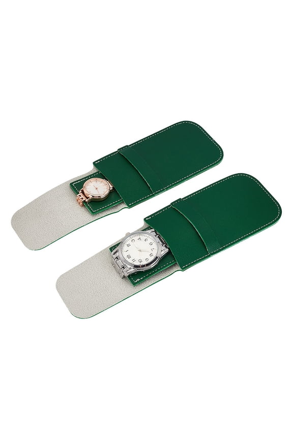 1Set 2Pcs Rectangle PU Imitation Leather Single Watch Storage Bag Portable Travel Wrist Watch Pouches Dark Green 12.5x7cm