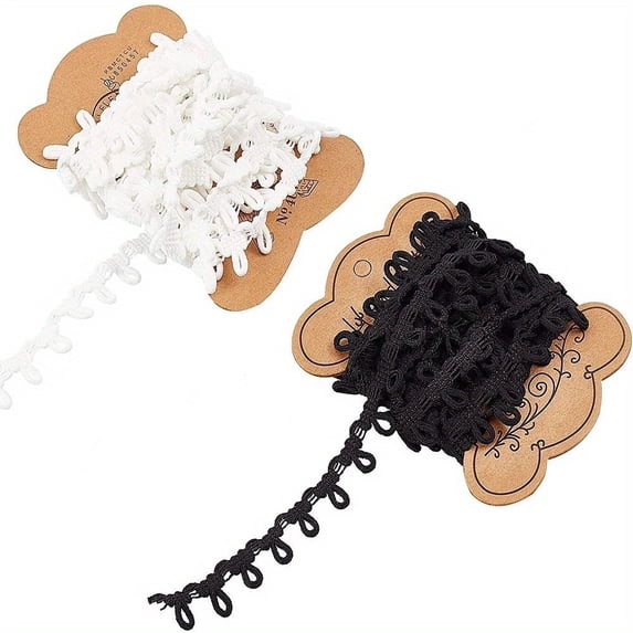 1Set 2Rolls 6.56yards/6m Elastic Cord with Buttonhole 15mm Wide White and Black Elastic Button Loop Stretch Band for DIY Sewing Crafts