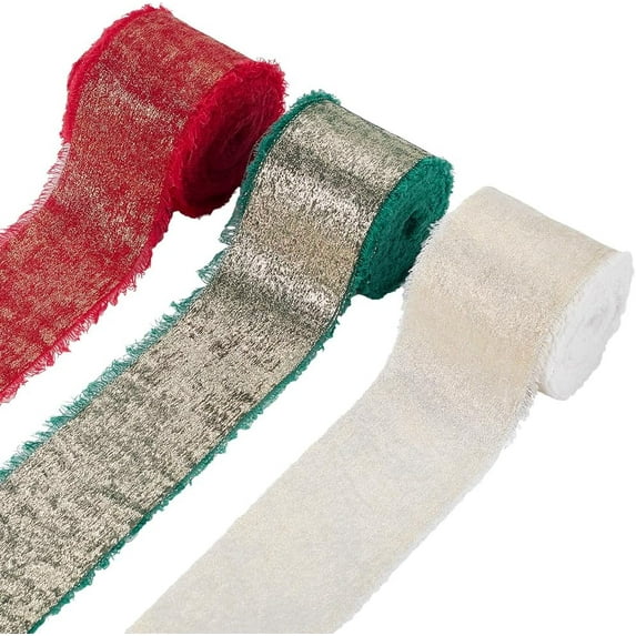 1Set 3 Colors Chiffon Ribbon Christmas Silk Satin Chiffon Frayed Fabric Ribbons 1-3/4 inch x 15 Yard Shimmery Gold Red Green White Ribbons for Xmas Crafts Flower Bouquets Wedding Invitation Decor