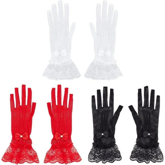 1Set 3 Pairs 3 Color Flower Pattern Lace Gloves Mesh Gloves with Glass Findings for Wedding Bride Supplies Mixed Color 260x72x5mm 1 pair/color