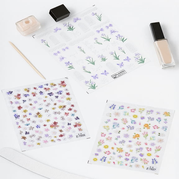1Set 3 Sheets 3 Styles PET Nail Art Stickers Self-Adhesive for Nail Tips Decorations Flower Pattern Mixed Color 9x7x0.05cm 1 sheet/style