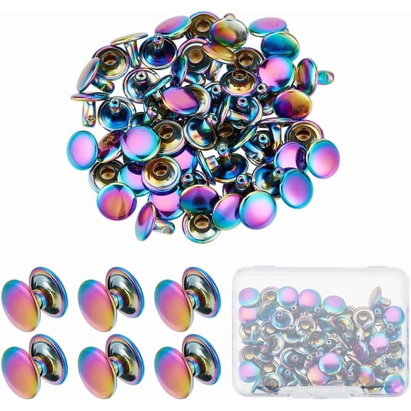 1Set 30 Sets Brass Rivet Studs for Bags Boots Leather Crafts Decoration Flat Round Rainbow Color 9x8mm