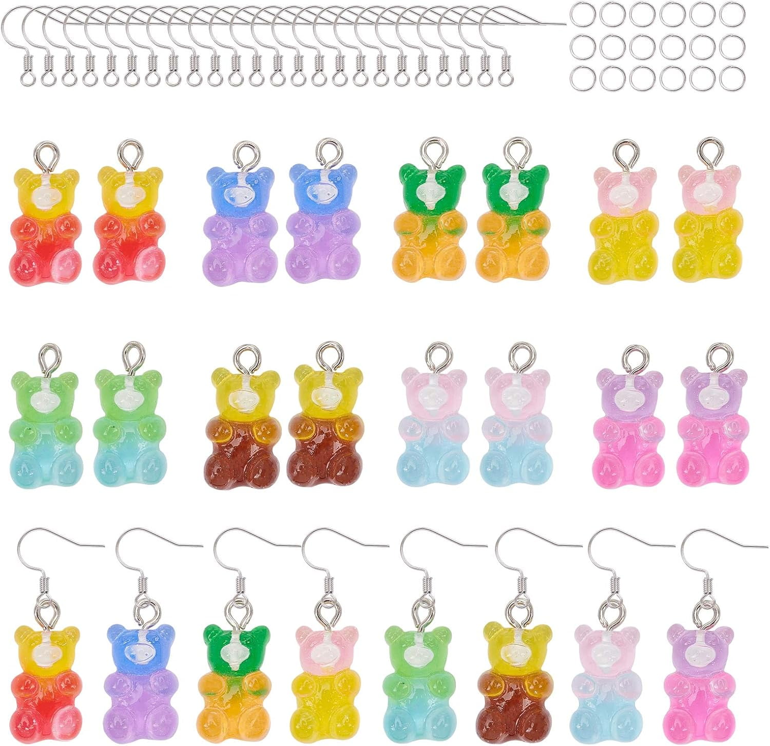 1Set 300 Pcs Bear Earring Making Kits Resin Gummy Bear Pendant with Jump Rings and Earring Hooks for DIY Jewelry Making Mixed Color