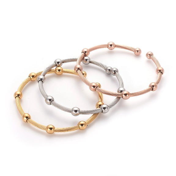 1Set 304 Stainless Steel Cuff Bangle Sets Torque Bangle with Round Beads Mixed Color 2-1/8 inch(5.5cm) 3pcs/set