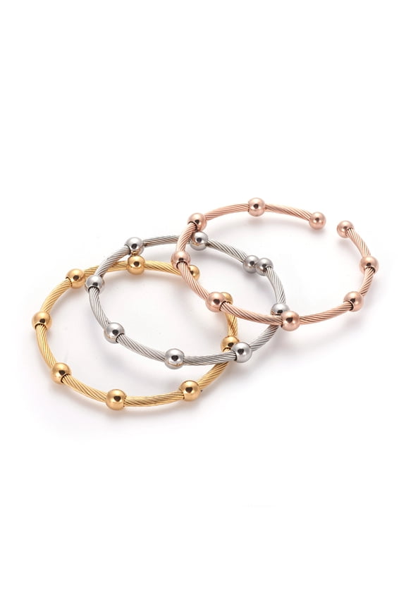 1Set 304 Stainless Steel Cuff Bangle Sets Torque Bangle with Round Beads Mixed Color 2-1/8 inch(5.5cm) 3pcs/set