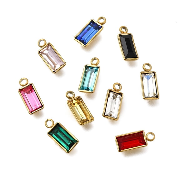 1Set 304 Stainless Steel Rhinestone Pendants Rectangle Ion Plating(IP) Real 18K Gold Plated 12x5.2x3~3.5mm Hole: 1.6mm 10pcs/set
