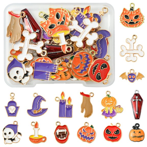 1Set 30Pcs 15 Styles Alloy Enamel Pendants Halloween Theme Light Gold Mixed Shapes Mixed Color 11~25.5x11~20x1.5~3mm Hole: 1~1.8mm 2pcs/style