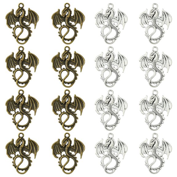 1Set 30Pcs 2 Colors Tibetan Style Alloy Pendants Dragon Cadmium Free & Lead Free Antique Bronze & Antique Silver 34.5x27.5x2mm Hole: 2.5mm 15pcs/color