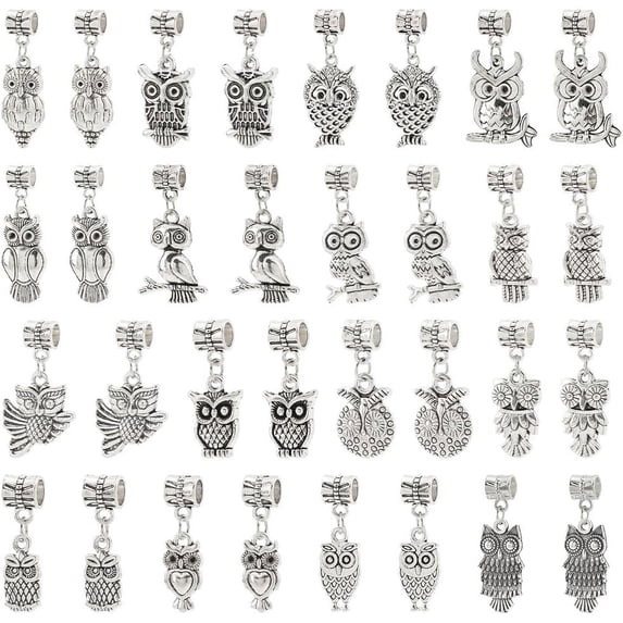 1Set 32pcs 16 Styles Owl Alloy Dangle Beads 5mm Large Hole Tibetan European Charms Pendants Owl Charms Bails for Bracelet Necklace Jewelry Making Antique Silver