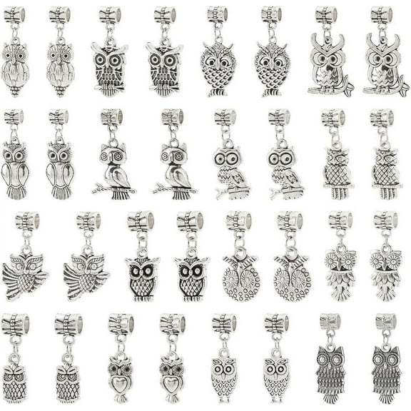 1Set 32pcs 16 Styles Owl Alloy Dangle Beads 5mm Large Hole Tibetan European Charms Pendants Owl Charms Bails for Bracelet Necklace Jewelry Making Antique Silver