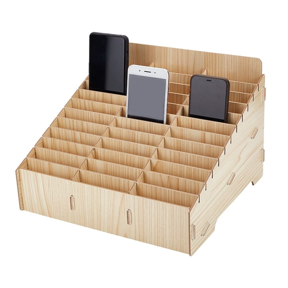 1Set 36-Grid Wooden Cell Phone Storage Box Mobile Phone Holder Desktop Organizer Storage Box Cornsilk 322x292x218mm