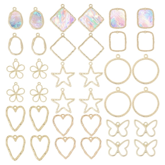 1Set 36Pcs 9 Styles Rack Plating Alloy Open Back Bezel Pendants For DIY UV Resin Epoxy Resin Pressed Flower Jewelry Mixed Shapes Light Gold 16~31x14.5~28x1.2~2.5mm Hole: 1.2~2mm 4pcs/style