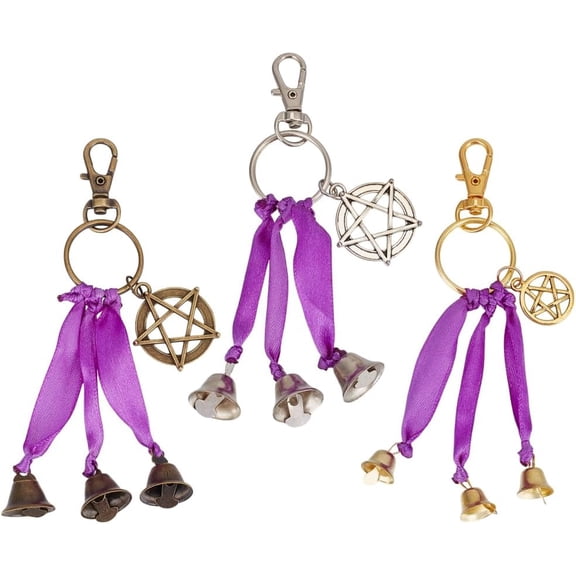 1Set 3Pcs 3 Colors Iron Witch Bell Pendant Decorations Alloy Flat Round with Star and Swivel Lobster Claw Clasps Charms Ornaments Mixed Color 120mm 1pc/color