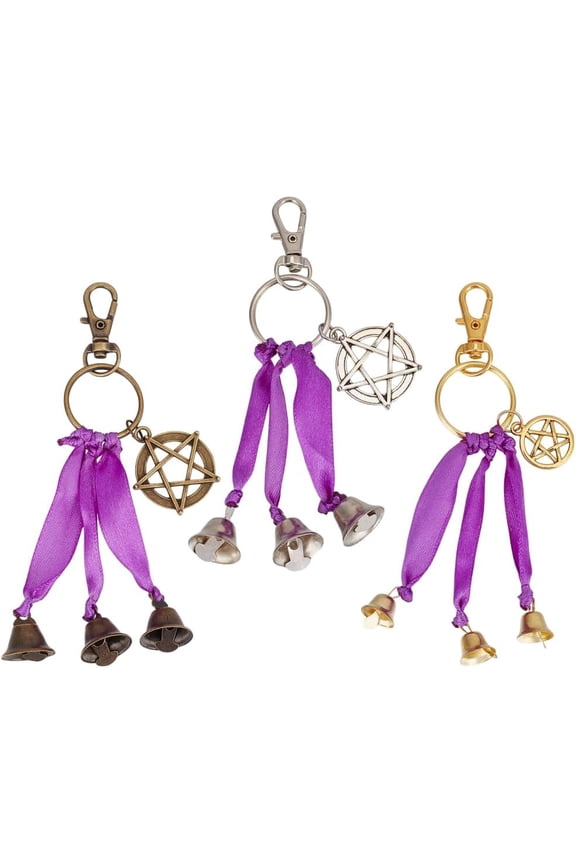 1Set 3Pcs 3 Colors Iron Witch Bell Pendant Decorations Alloy Flat Round with Star and Swivel Lobster Claw Clasps Charms Ornaments Mixed Color 120mm 1pc/color