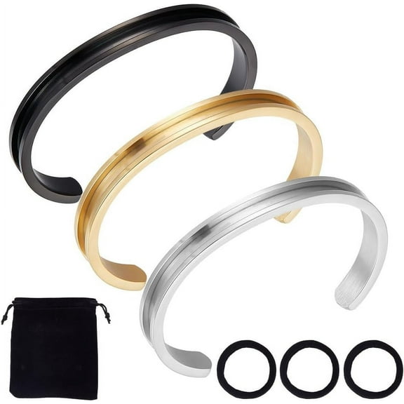 1Set 3pcs 3 Color Hair Tie Bracelet 4mm Inner Stainless Steel Grooved Bangles Open Cuff Bangle Metal Empty Bangles Gemstone Leather Inlay Bracelet with Velvet Pouches for Women Girls Gift