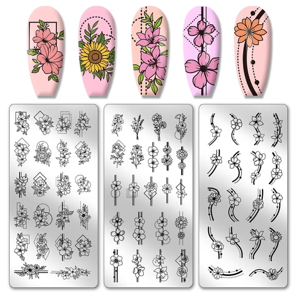 1Set 3pcs Border Flowers Nail Stamp Plates Geometric Line Flowers Nail Stamper Plant Nail Art Stencils Print Nail Stencils Stainless Steel Nail Image Plate for Nail Art Design Manicure Salon