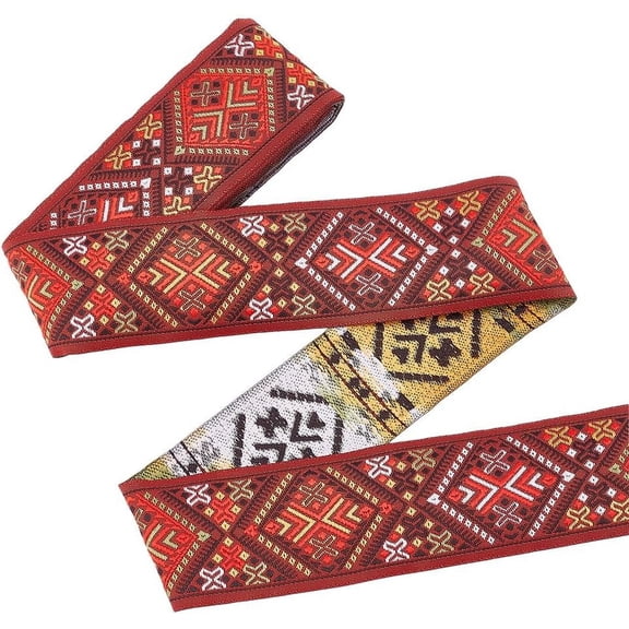 1Set 4.8~5 Yards Elephant/Cross/Rhombus Ethnic Style Polyester Jacquard Wide Ribbon Clothes Accessories Dark Red 2 inch(50mm) 4.8~5yard