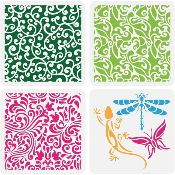 1Set 4 Pcs Garden Vine Stencil 7.8x7.8inch Reusable Butterfly Dragonfly Gecko Pattern Drawing Template DIY Art Plants Animal Stencil for Painting on Wood Wall Fabric Paper Furniture