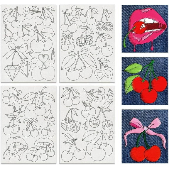 1Set 4 Sheets Cherries Soluble Embroidery Stabilizers 41pcs Fruit Embroidery Paper with Pre-Printed Sewing Embroidery Stabilizers for Embroidery Hand Sewing Lover Beginners