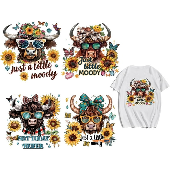 1Set 4 Sheets Western Cow Iron on Decals Patches Just a Little Moody Iron on Stickers Sunflower Heat Transfer Stickers PET Washable Appliques for DIY T Shirt Jacket Decor 8.6 inch(22cm) Long