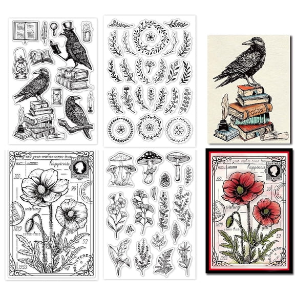 1Set 4 Style Crow Flower Mushroom Olive Leaves Clear Rubber Stamp Transparent Silicone Seals Stamp for Journaling Card Making DIY Scrapbooking Handmade Photo Album Notebook Decor 6.3 x 4.3inch