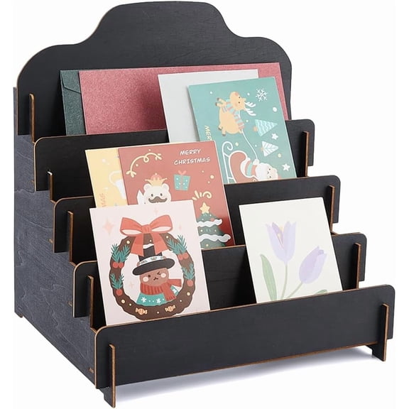1Set 4-Tier Greeting Card Display Stand Wood Sticker Display Stand Black Portable Card Rack Display Postcard Display Shelf Jewelry Organizer Holder for Home Retail Counter Black