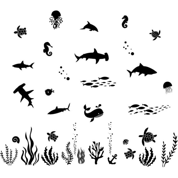 45pcs Black Sea Life Stickers Sea Animals Silhouettes Decal Shark Whale Sea Creature Fish Jellyfish Decal