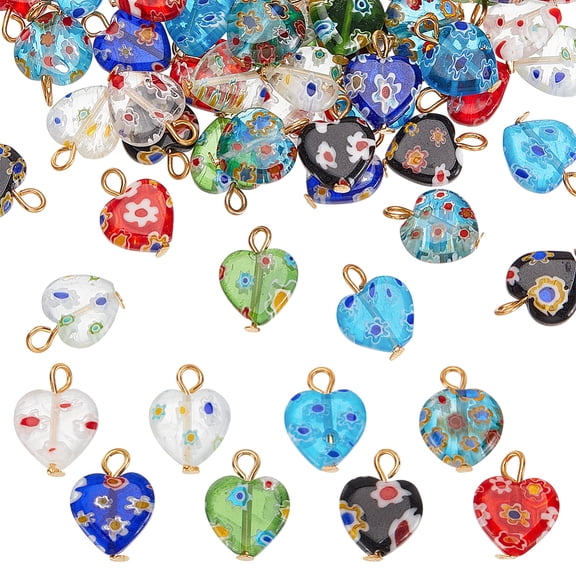 1Set 48Pcs Millefiori Handmade Lampwork Pendant with Iron Findings Mixed Color 16mm Hole: 2.5mm 6pcs/color