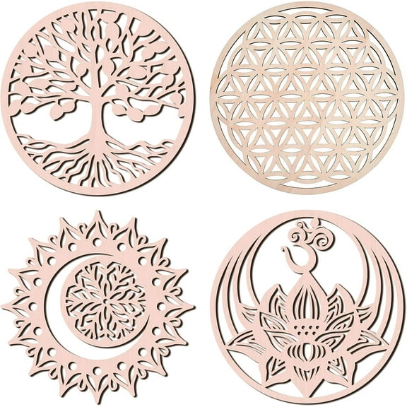 1Set 4PCS 12Inch The Tree of Life Sacred Geometry Wall Art Wooden Wall Hanging Decor for Wall Hanging Art Home Decoration