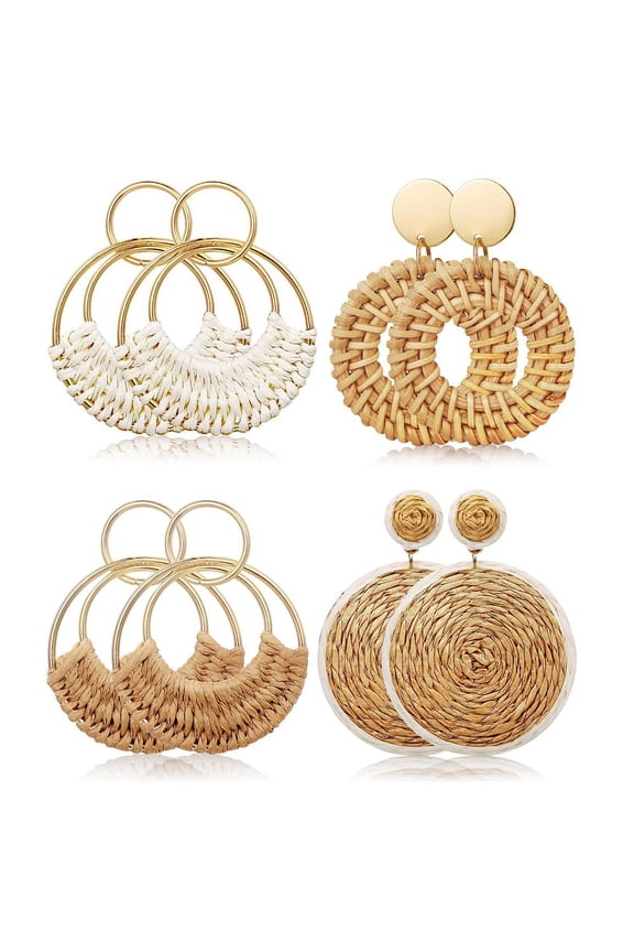 1Set 4Pairs Flat Round Alloy Raffia Dangle Stud Earrings with Rattan Golden Mixed Color 45mm