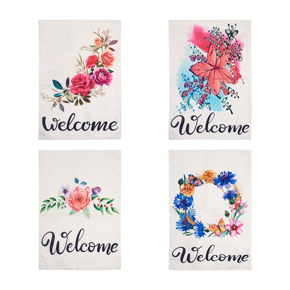 1Set 4Pcs 4 Style Linen Vertical Double Sided Garden Flag with Word for Home Outdoor Courtyard Decorative Mixed Patterns 460x317x1mm DIY