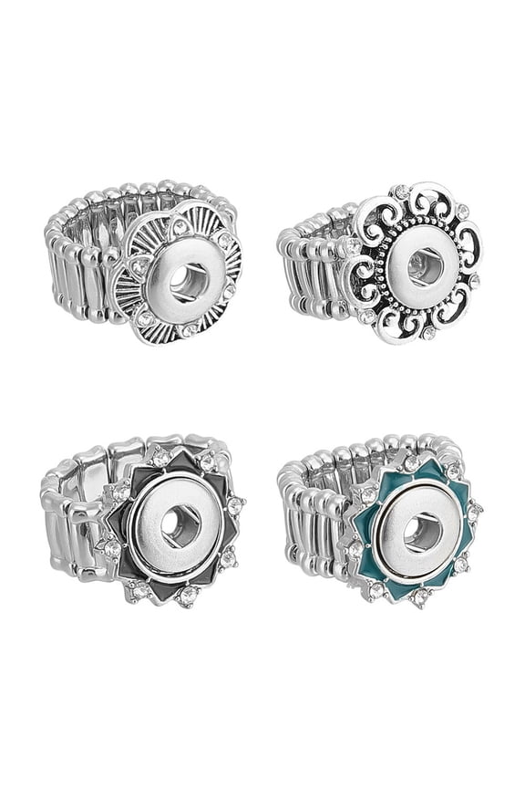 1Set 4Pcs 4 Styles Adjustable Alloy Enamel Snap Ring Components with Snaps Jewelry for Women Flower Silver Inner Diameter: 18~20mm 1pc/style