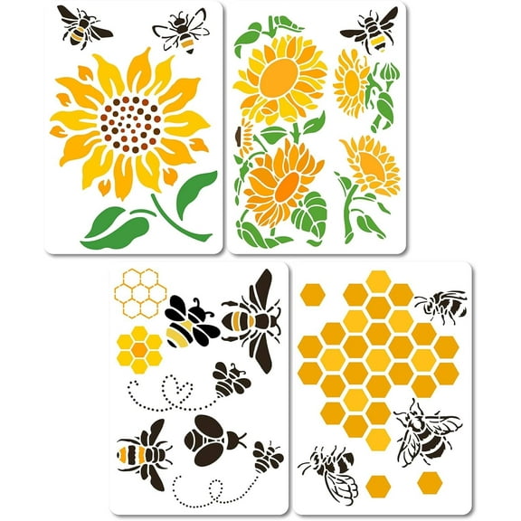 1Set 4Pcs 4 Styles Bees Theme PET Plastic Hollow Out Drawing Painting Stencils Templates Sets Rectangle Mixed Patterns 297x210mm 1pc/style