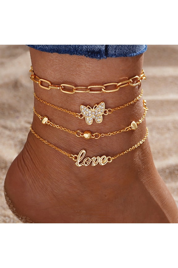 1Set 4Pcs Alloy Rhinestone Anklets Butterfly 8-1/4 inch(210mm)DIY