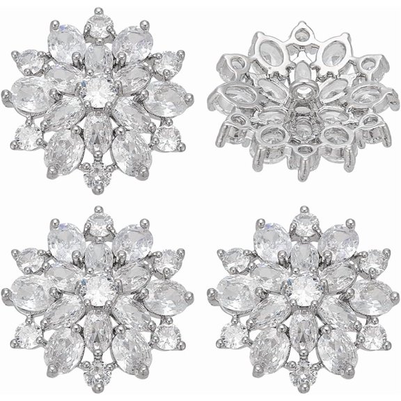 1Set 4Pcs Brass Micro Pave Cubic Zirconia Buttons Flower Clear 21x22x8mm Hole: 1.5mm