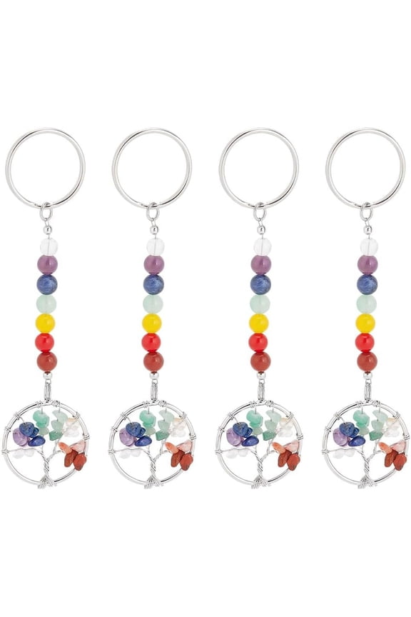 1Set 4Pcs Tree of Life Gemstone Keychain Colorful Round Gemstone Beaded Pendant Charms Crystal Stone Keychain Ring DIY Hanging Ornament for Necklace Earring Jewelry Making Women Bag Charm Decor