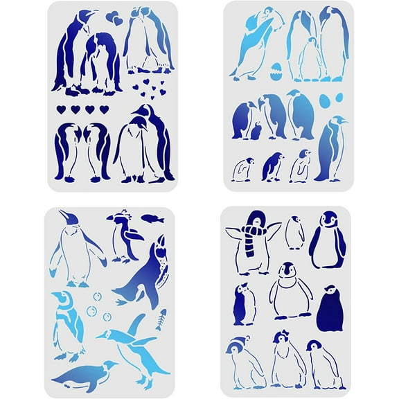 1Set 4pcs Penguin Stencils 29.7x21cm Antarctic Penguins Stencil for Painting Penguin Pattern DIY Craft Reusable Stencil for Painting on Wood Canvas and Paper