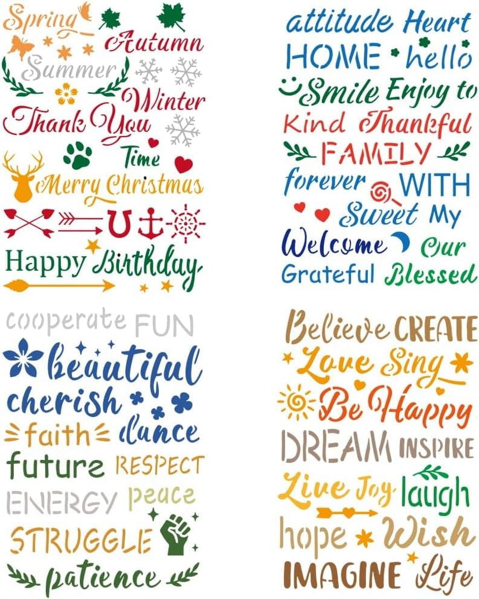 1Set 4pcs Word Stencils 11.6x8.3 inch Inspirational Word Stencil for  Painting Stencils with Text: Happy Birthay Love Imagine Life Grateful  Blessed Painting on Wood Floor Wall Fabric - Walmart.com, image size:1586x1982