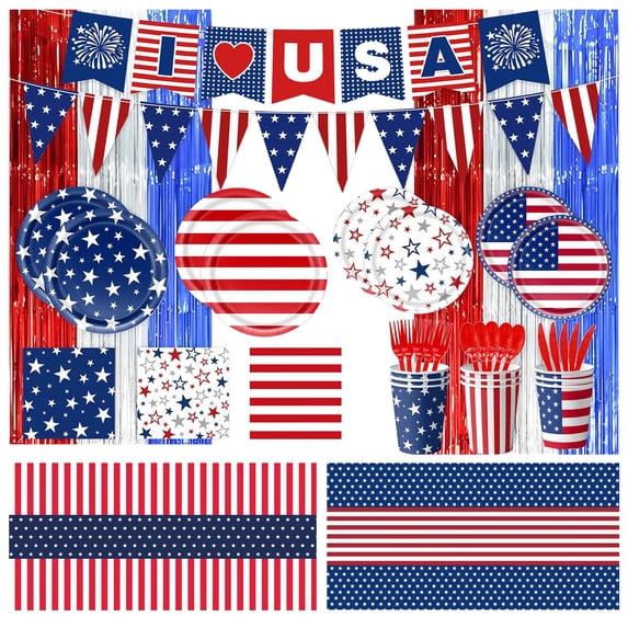 1Set 4th of July Party Party Supplies Disposable Paper Plates Napkins Cups Tablecloth Kit Serves for 4th of July Independence Day July 4th Themed Celebration Picnic