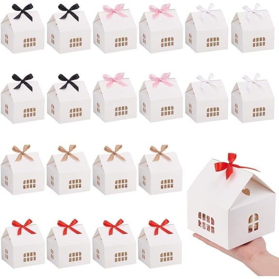 1Set 5 Colors House Shaped Gift Boxes 20 Sets Cookie Boxes with Small Windows White Cardboard Treat Boxes Wedding Favors with Ribbon for Christmas Birthday Party Gift Giving 4.9x4.9x5.3 Inch