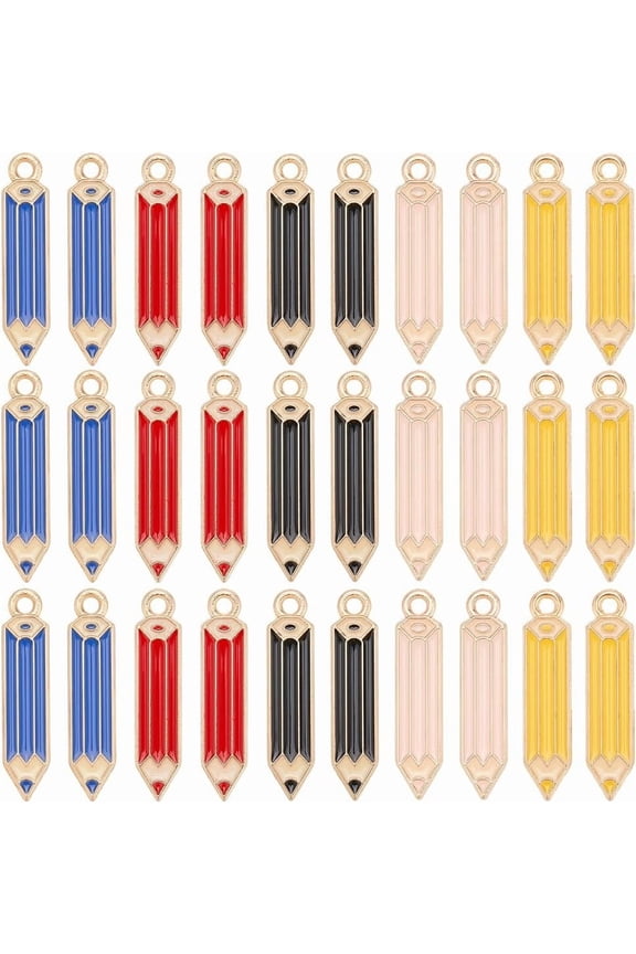 1Set 50Pcs Alloy Enamel Pendants Pencil Charm Mixed Color 27x6~6.5x1.5~2mm Hole: 1.5~1.8mm 10pcs/color