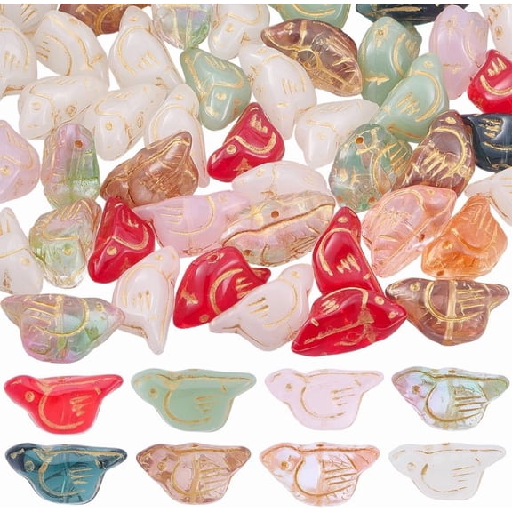 1Set 50Pcs Baking Paint and Golden Metal Enlaced Glass Beads Bird Mixed Color 11x22x11.5mm Hole: 1mm
