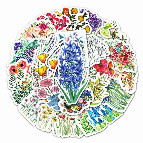 1Set 50Pcs Mixed Styles Flower Pattern Waterproof PVC Plastic Stickers Luggage Cup Computer Mobile Phone Skateboard Guitar Stickers 55~85mm