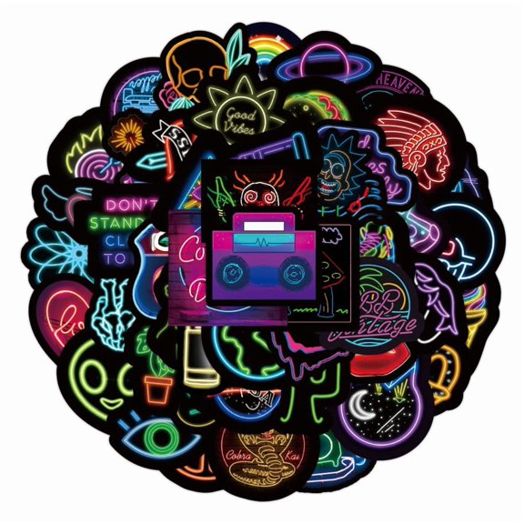 1Set 50Pcs Waterproof Neon Style Stickers for Water Bottles Mobile Phone Skateboard Guitar Stickers Mixed Patterns 25~60x60~85mm 50pcs/setDIY