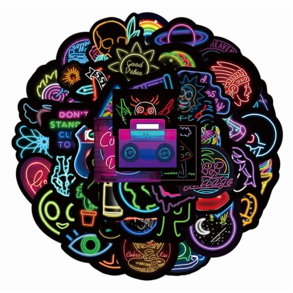 1Set 50Pcs Waterproof Neon Style Stickers for Water Bottles Mobile Phone Skateboard Guitar Stickers Mixed Patterns 25~60x60~85mm 50pcs/set