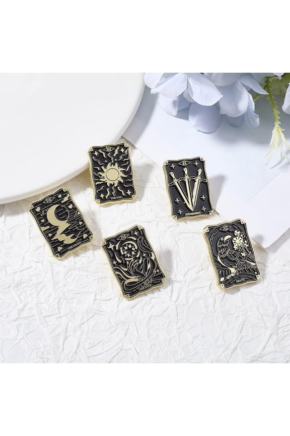 1Set 5Pcs 5 Styles Tarot Card Enamel Pins Alloy Brooch Gothic Style Jewelry Gift Mixed Shapes 30x21mm Black