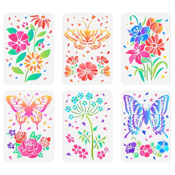 1Set 6 Pcs Butterflies Stencil 11.7x8.3 inch Flowers Stencil Kits Plastic Rose Daisy Lily Dandelion Tulip Pattern Template Reusable DIY Art and Craft Stencils for DIY Home Wall Wood Decor