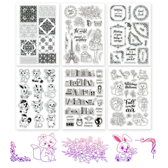 1Set 6 Sheets 6 Style TPR Stamps with Acrylic Board for Imprinting Metal Plastic Wood Leather Mixed Patterns 16x11cm 1sheet/style